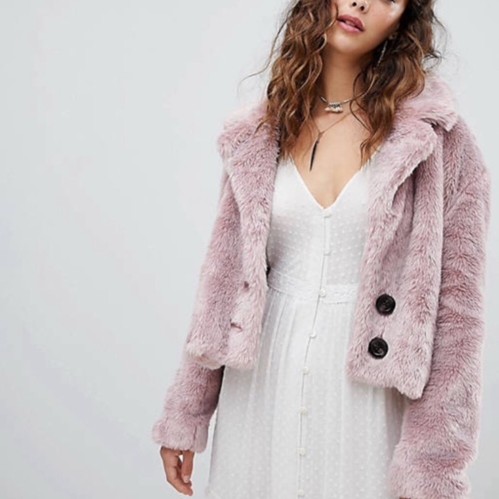 Free People Pink Teddy Jacket with Faux Fur Trim